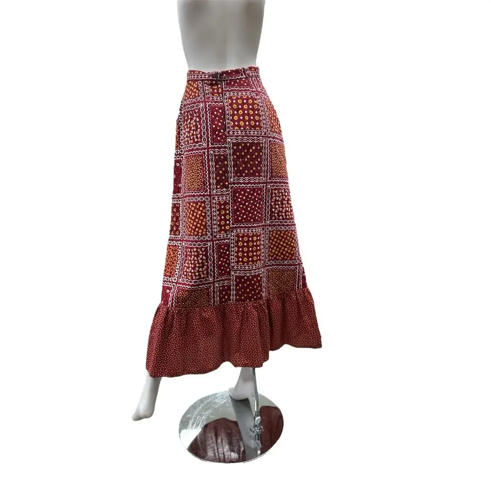 Vintage Skirt Women SZ S Quilted Long Tiny Flowers Pattern Red Yellow And White